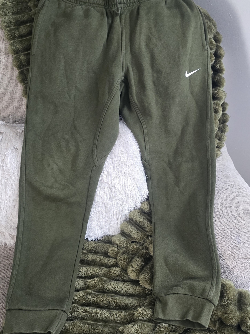 Nike Men's Olive Green Fleece Joggers with White Swoosh